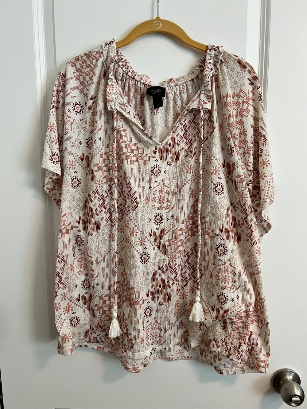 Daytrip Women’s XL Cream Rust Boho Patchwork Print Tassel Tie Peasant Blouse